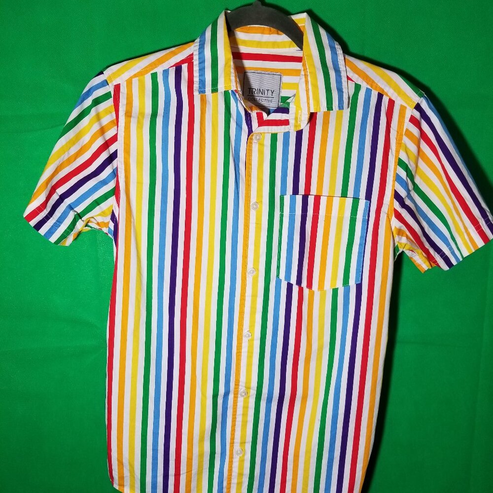 Trinity Collective Rainbow Pride‎ Stripe Cotton Short Sleeve Button Down Top XS